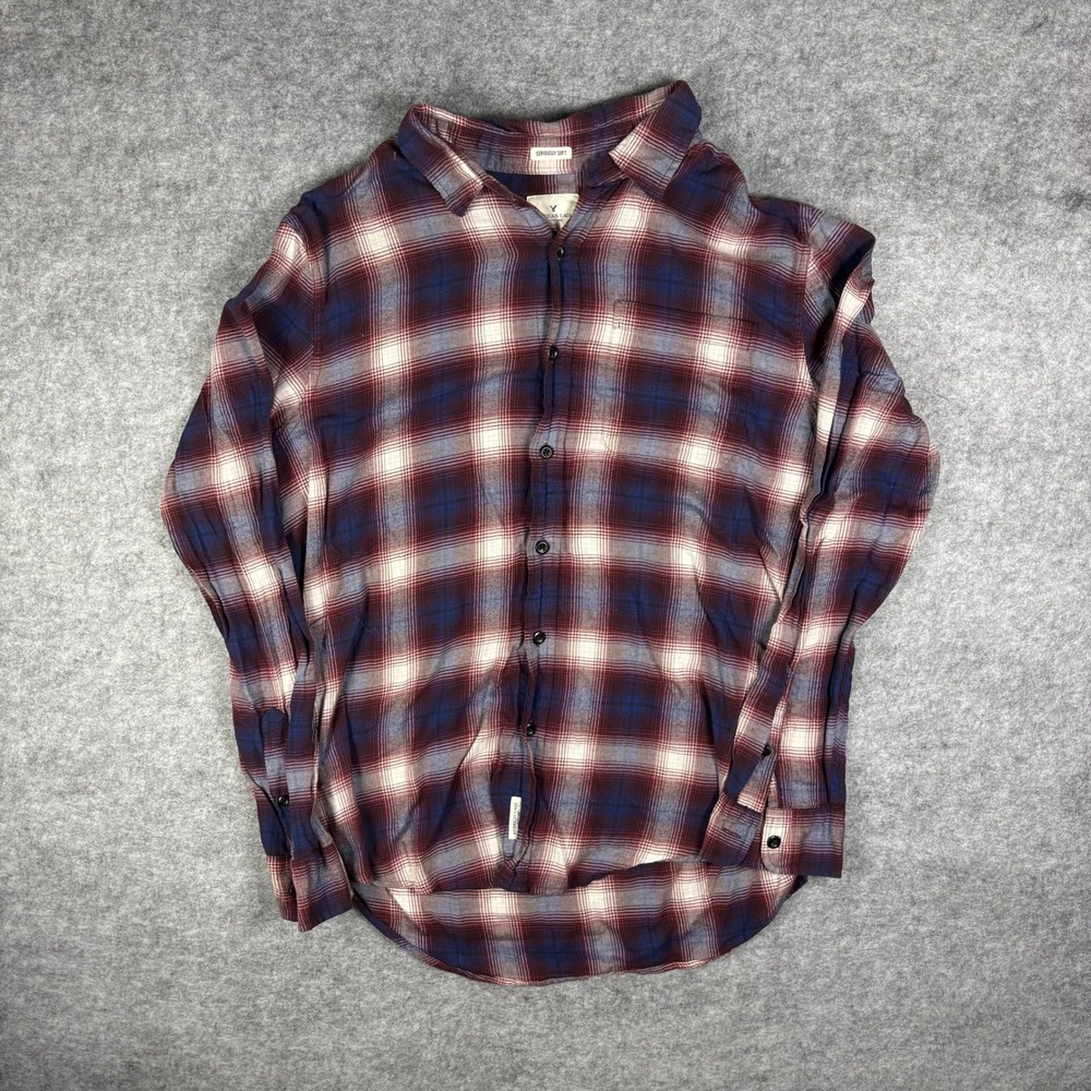 American Eagle Flannel Shirt Mens Large Seriously Soft Plaid Burgundy‎ Blue L